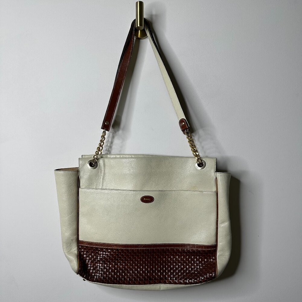 Vintage BALLY Large Ivory/Brown Leather Shoulder Bag